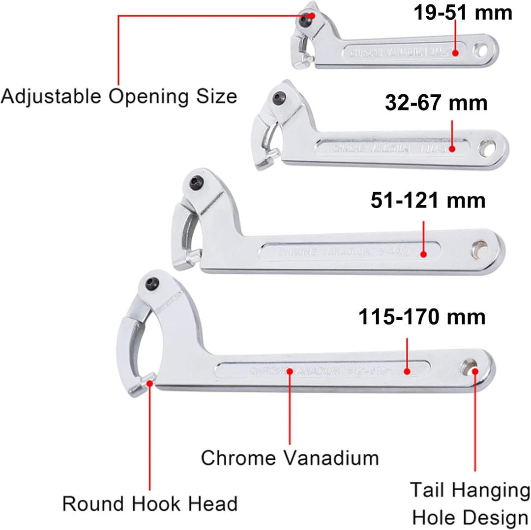 Poweka Verstellbarer C-Stiftschlüssel Hakenschlüssel,(4 Stück) 3/4-2", 1 1/4-3", 2-4 3/4", 4 1/2-6 7