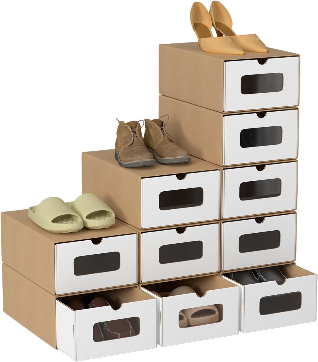 35×23×13 cm - 10x Schuhaufbewahrung Braun/Weiss mit Sichtfenster – Faltbare Schuhbox aus Kraftpapier