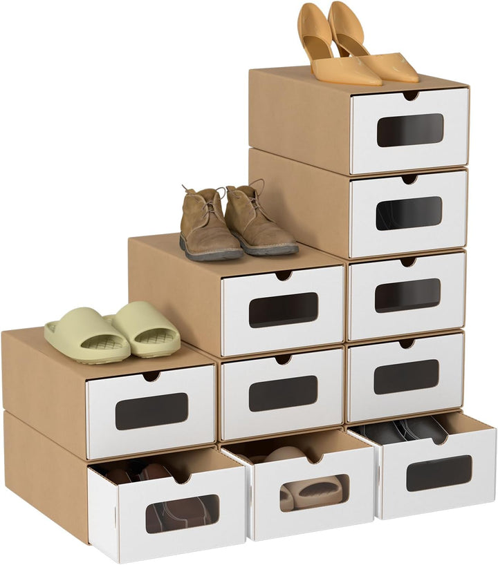 35×23×13 cm - 10x Schuhaufbewahrung Braun/Weiss mit Sichtfenster – Faltbare Schuhbox aus Kraftpapier