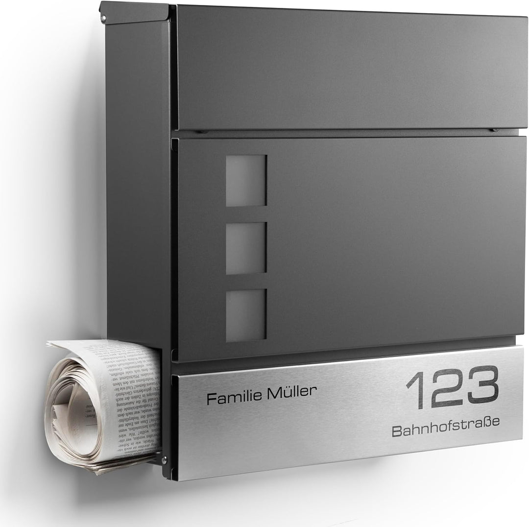 NewHabitat I Moderner Briefkasten Anthrazit mit Zeitungsfach - Wandbriefkasten personalisiert mit Ed