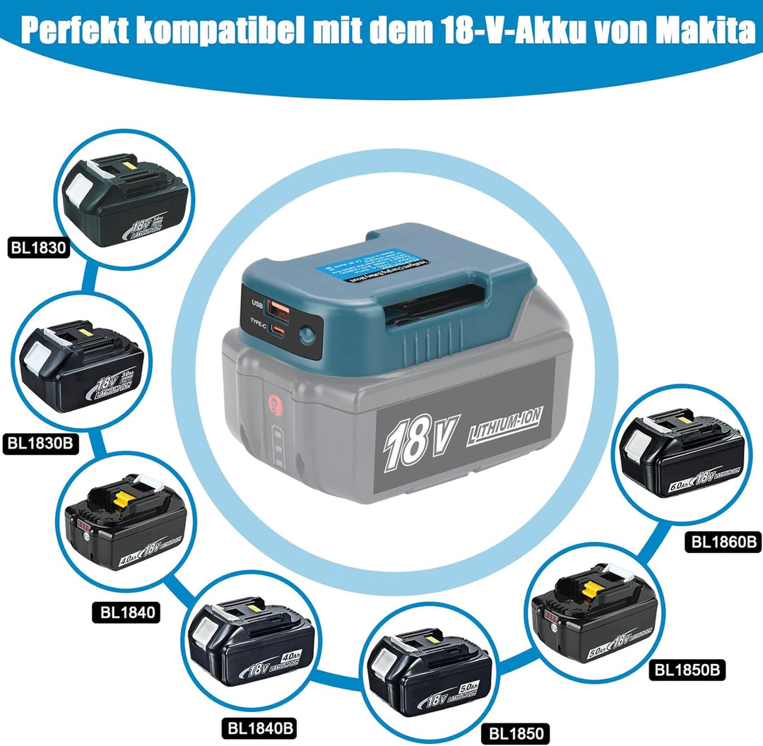 2 Pack Akku-Adapter, USB-Ladegerät-Adapter Kompatibel für Makita 18V Lithium Akku BL1830 BL1860 Dual