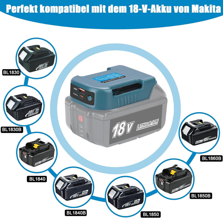 2 Pack Akku-Adapter, USB-Ladegerät-Adapter Kompatibel für Makita 18V Lithium Akku BL1830 BL1860 Dual