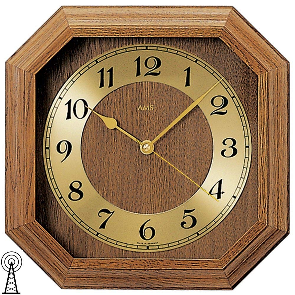 Funk-Wanduhr aus Eiche Holz Mineralglas Funkuhr rustikal mit gold