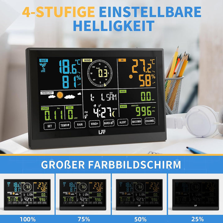 LFF 7-In-1 Wetterstation Funk mit Aussensensor, 7,5-Zoll-Display Funkwetterstation mit DCF-Funkuhr,