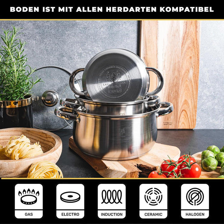 Topfset Induktion 3-teilig, Kochtopf Set mit Glasdeckel, Edelstahl mattiert, Induktions Töpfe Set un