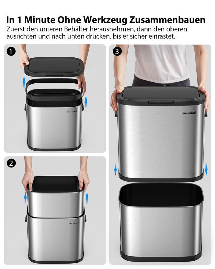 lovewind Mülleimer Küche 60L Edelstahl, Abfalleimer küche mit Deckel, Soft-Close Verschluss, Werkzeu