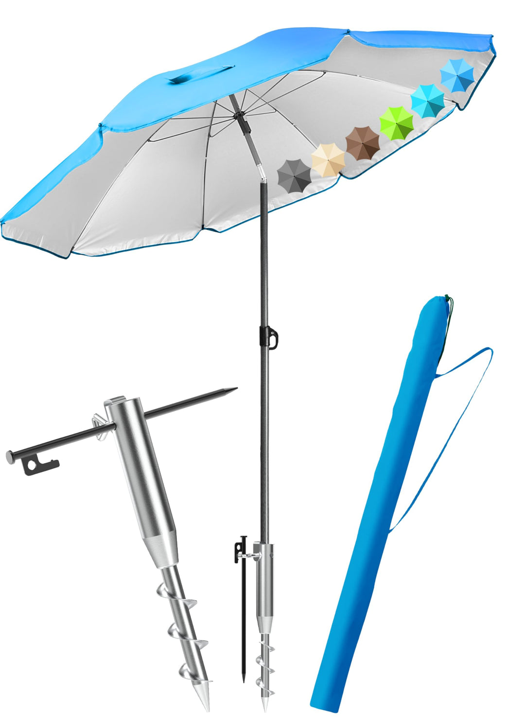 4smile Sonnenschirm Strand SET mit Eindrehbodenhülse, Ø 200 cm, Blau | Strandschirm Windfest Stabil