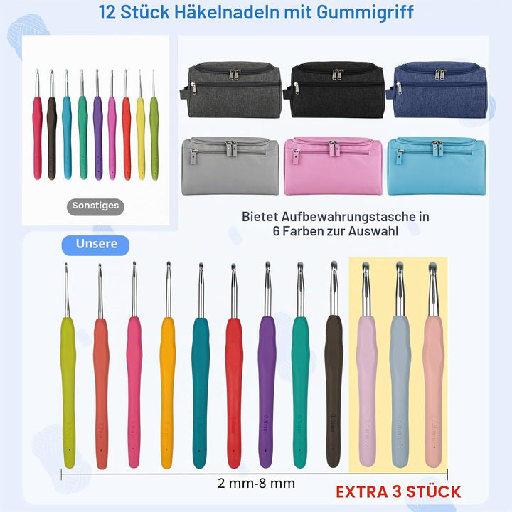 YINVA Häkelset für Anfänger 15Pcsx25g Häkelgarn Häkelnadel Set 2mm-8mm Ergonomische Häkelnadeln Croc