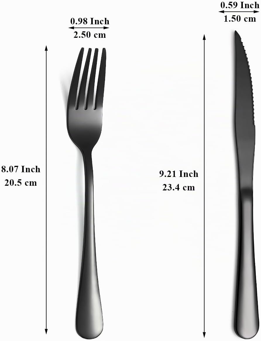 Evanda Schwarzes Steakbesteck 12 teilig, Schwarzes Titanbeschichtung Edelstahl 6 Tafelgabeln und 6 T