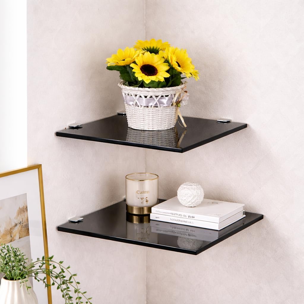 Euro Tische Glas Eckregal 35 x 35 cm, Wandregal für Badezimmer, Duschregal Bad, Glas Badregal mit 6m