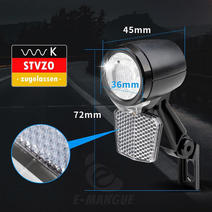 E-Bike LED Fahrradlicht Dynamo Vorne mit Tagfahrlicht, Standlichtfunktion, 40 LUX StVZO Zugelassen D