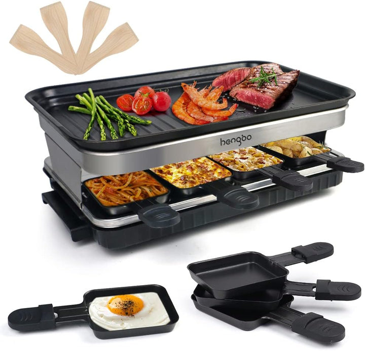 HengBO Raclette Grill für 6 8 10 Personen mit 8 Rraclette Pfannen 4 4 Holzspatel Antihaft-beschichte