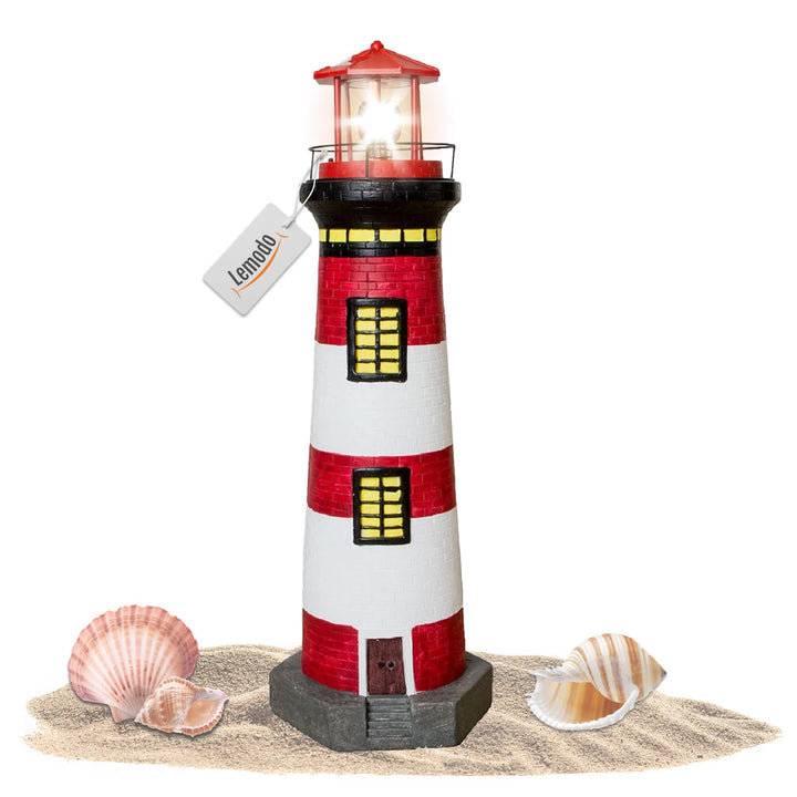 NATIV LEMODO Gartendeko Leuchtturm 83cm hoch | Handbemalte Gartenfigur mit solarbetriebenem, rotiere
