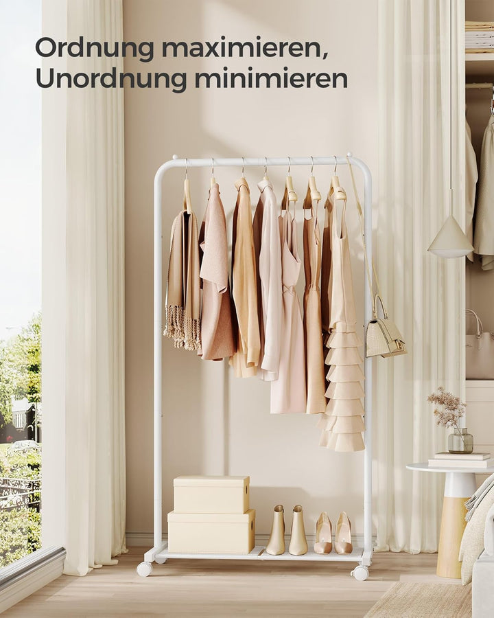 SONGMICS Kleiderständer, Kleiderstange auf Rollen, Garderobenständer 74 cm breit, Rollgarderobe mit