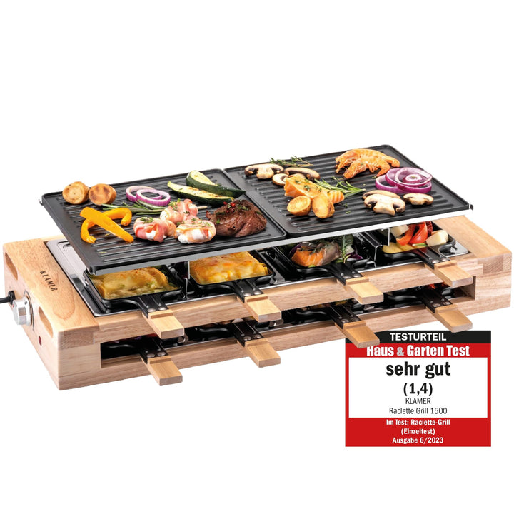 KLAMER Raclette 8 Personen, 1500W Raclette Grill mit Holzgestell, Raclette mit antihaftbeschichteter