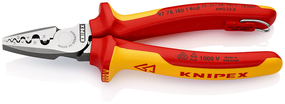 Knipex Crimpzange für Aderendhülsen isoliert mit Mehrkomponenten-Hüllen, VDE-geprüft; mit Befestigun
