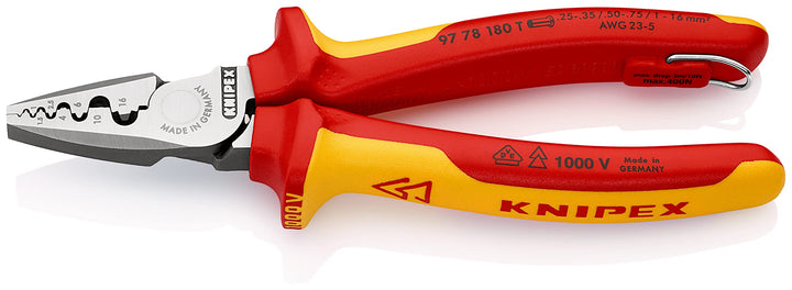Knipex Crimpzange für Aderendhülsen isoliert mit Mehrkomponenten-Hüllen, VDE-geprüft; mit Befestigun