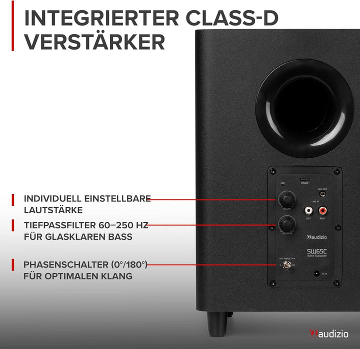 Audizio SW65C Subwoofer Aktiv – 130W Bass Box, 6,5 Zoll Tieftöner, Bassreflexrohr, aktiv subwoofer m
