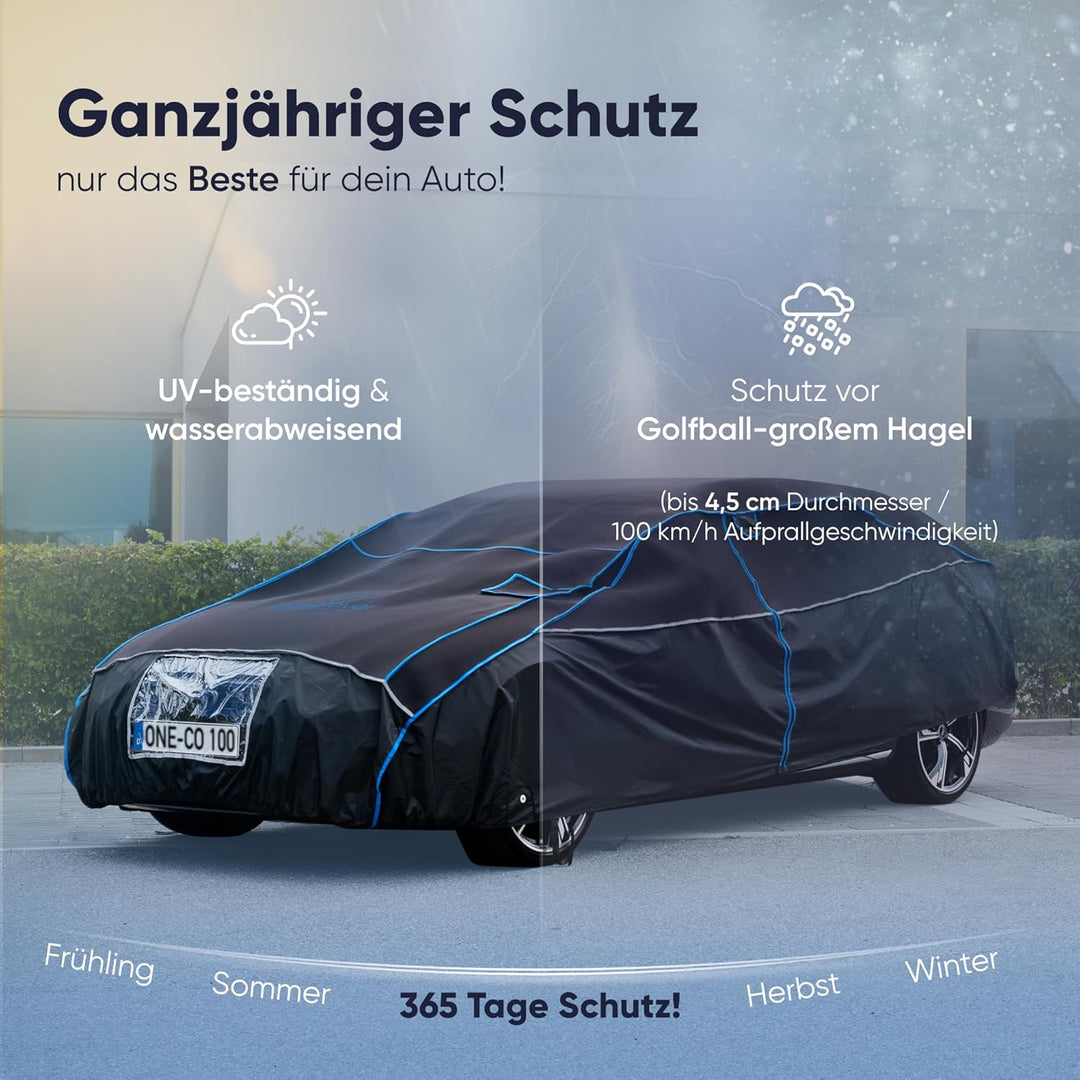 OneCover Premium Hagelschutz Auto Abdeckung – 4 mm Eva Polsterung, Ganzjahresschutz, Sturmfest, Refl