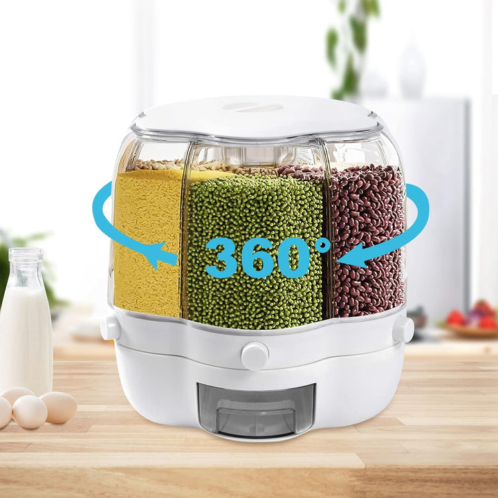 6 IN 1 Getreidespender 8KG 360°Drehung Müslispender Küche Geteilte Trockenfutterbehälter Luftdicht L