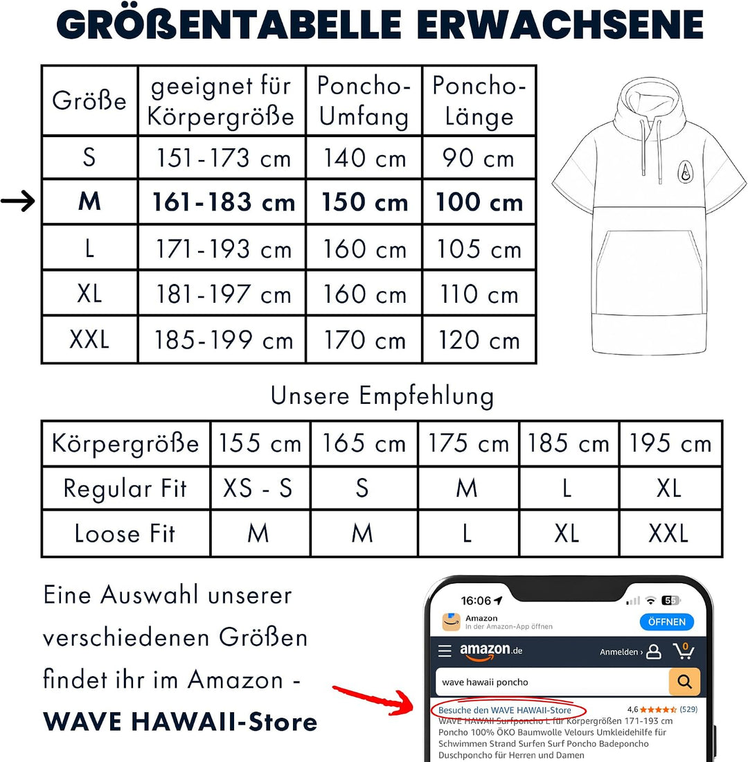 WAVE HAWAII Barravento Surfponcho für Körpergrössen 160-190 cm Poncho 100% ÖKO Baumwolle Velours Umk