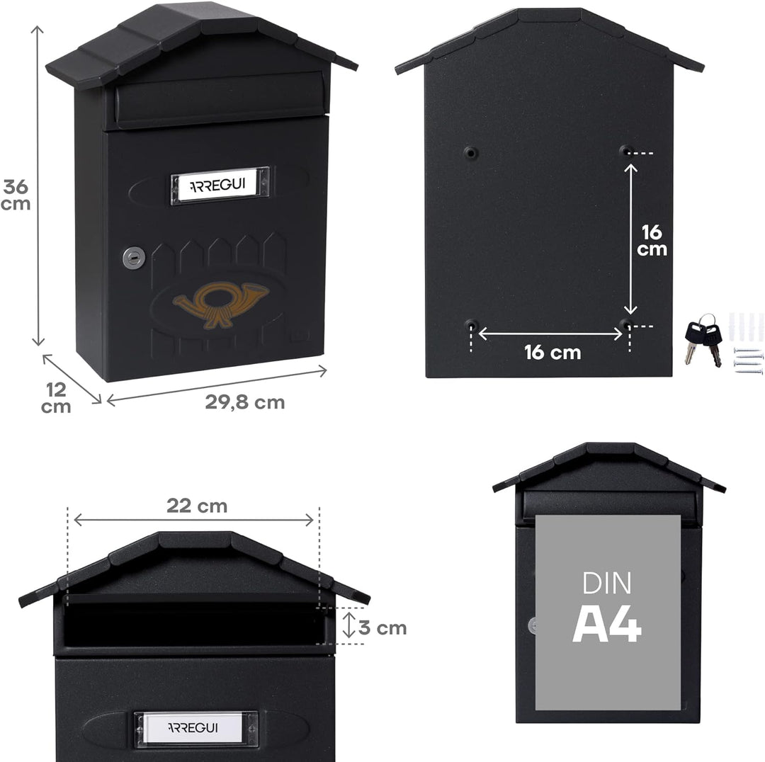 ARREGUI Villa E5004 Individueller Briefkasten aus Stahl, Grösse M (DIN A4), strukturiert schwarz, 36