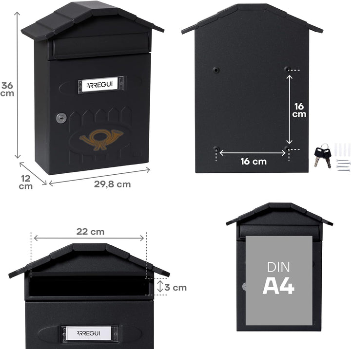 ARREGUI Villa E5004 Individueller Briefkasten aus Stahl, Grösse M (DIN A4), strukturiert schwarz, 36