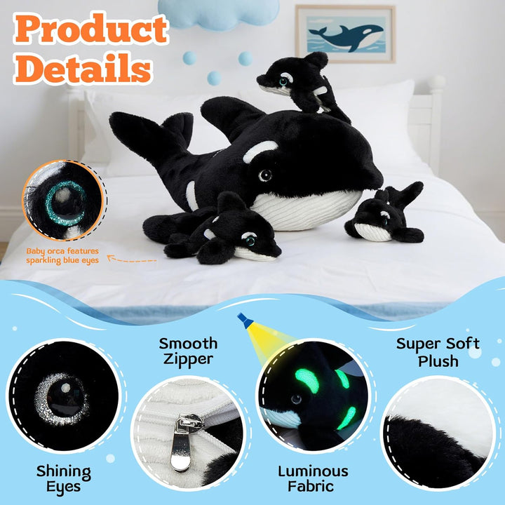 MorisMos gross Orca Plüschtier Stofftier, 60cm lang riesen Orca Wal Kuscheltier mit Babys im Bauch,