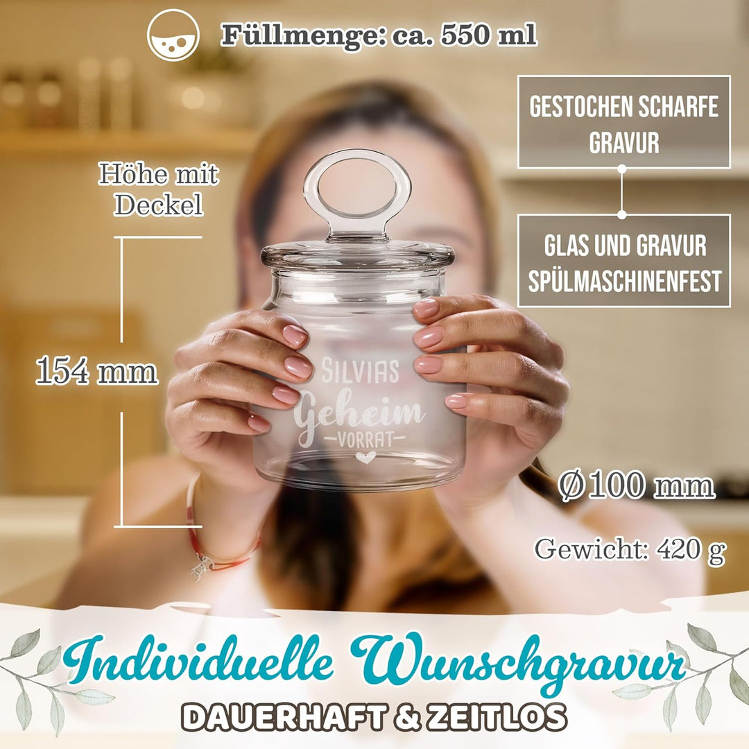 Print Royal PR Personalisierte Keksdose aus Glas mit Gravur - 550 ml - Geheim-Vorrat mit Name selbst