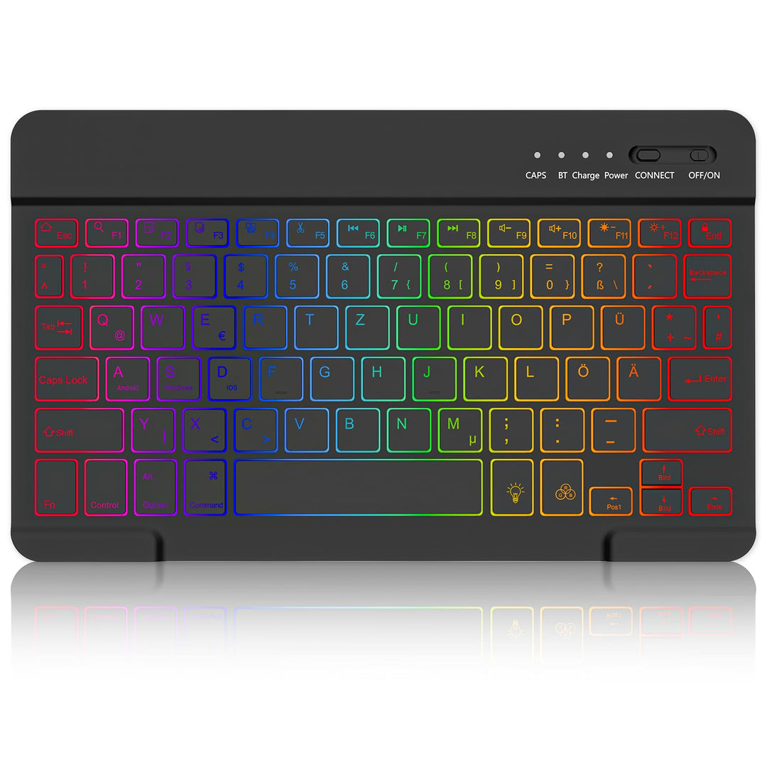 MMK Bluetooth-Tastatur, Deutsches QWERTZ-Layout mit 7-Farbiger Hintergrundbeleuchtung, Mini Wireless