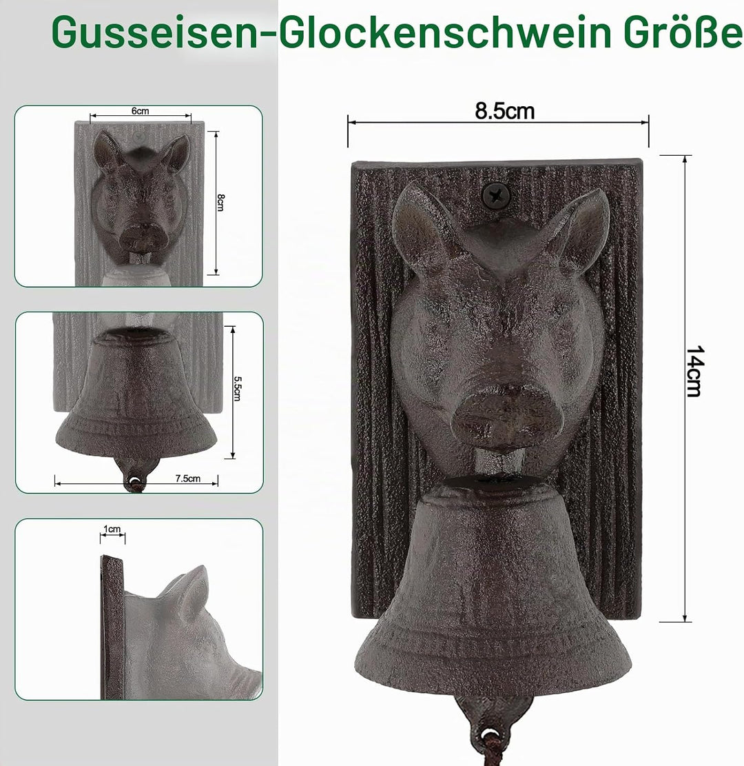 Retro Gusseisen Metall Aussendekoration für Bauernhof, Schweinekopf-förmige Dekoration, Hängeglocke