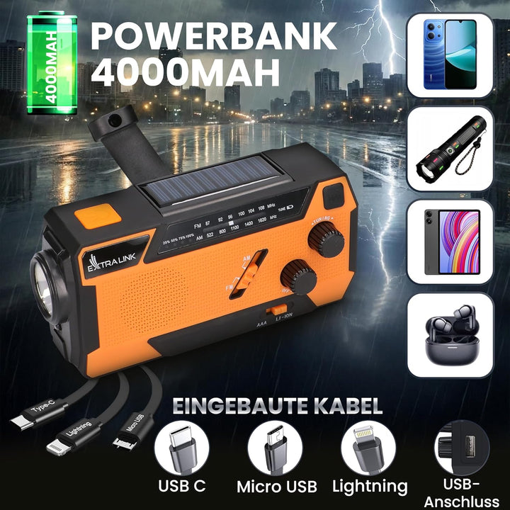 Extralink Kurbelradio Notfallradio mit Solar & Kurbel, Ladefunktion 4000 mAh mit integrierten Ladeka