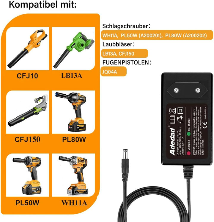 Elektrowerkzeuge 18V- 21V 1,3 A Ladegerät Kompatibel mit Adedad Schlagschraubern und Laubbläsern