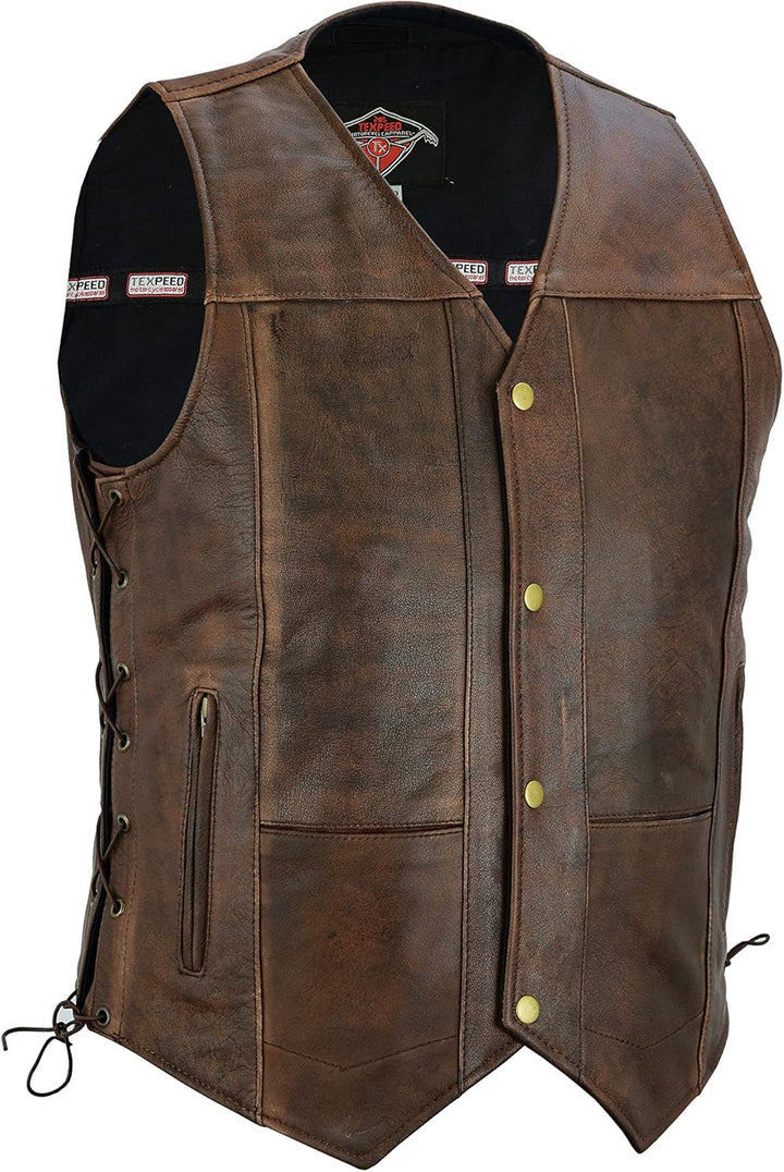 Texpeed motorrad leder weste herren - Chopper biker rocker lederweste - Reissverschlusstaschen mit g