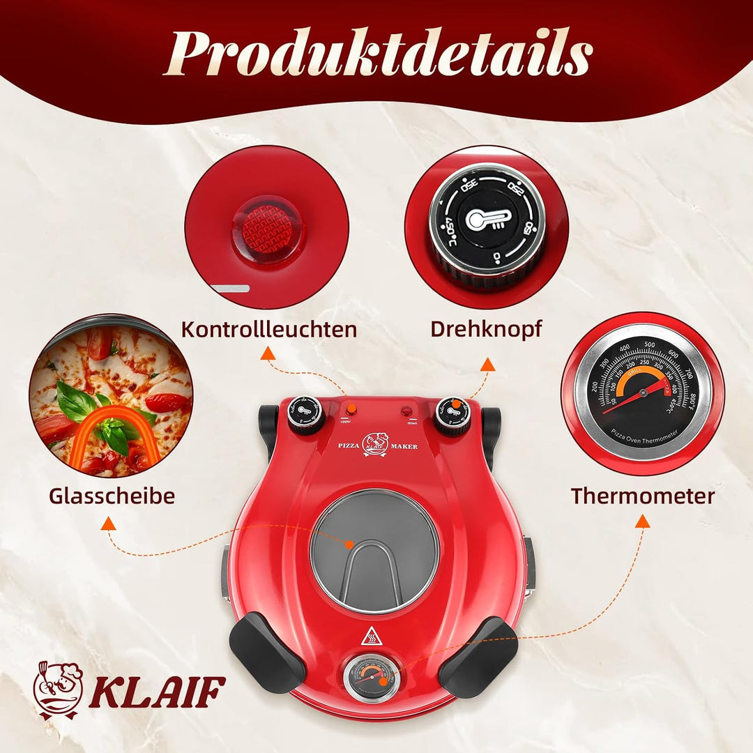 Klaif Elektrischer Pizzabäcker, 420 ℃, 1200 Watt, 5 separate Temperaturstufen, flammenbeständige Ste