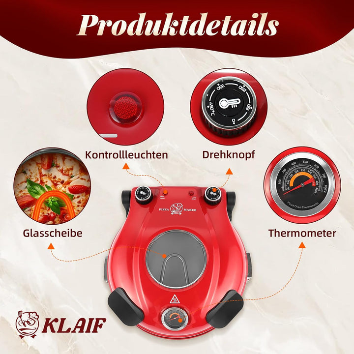 Klaif Elektrischer Pizzabäcker, 420 ℃, 1200 Watt, 5 separate Temperaturstufen, flammenbeständige Ste