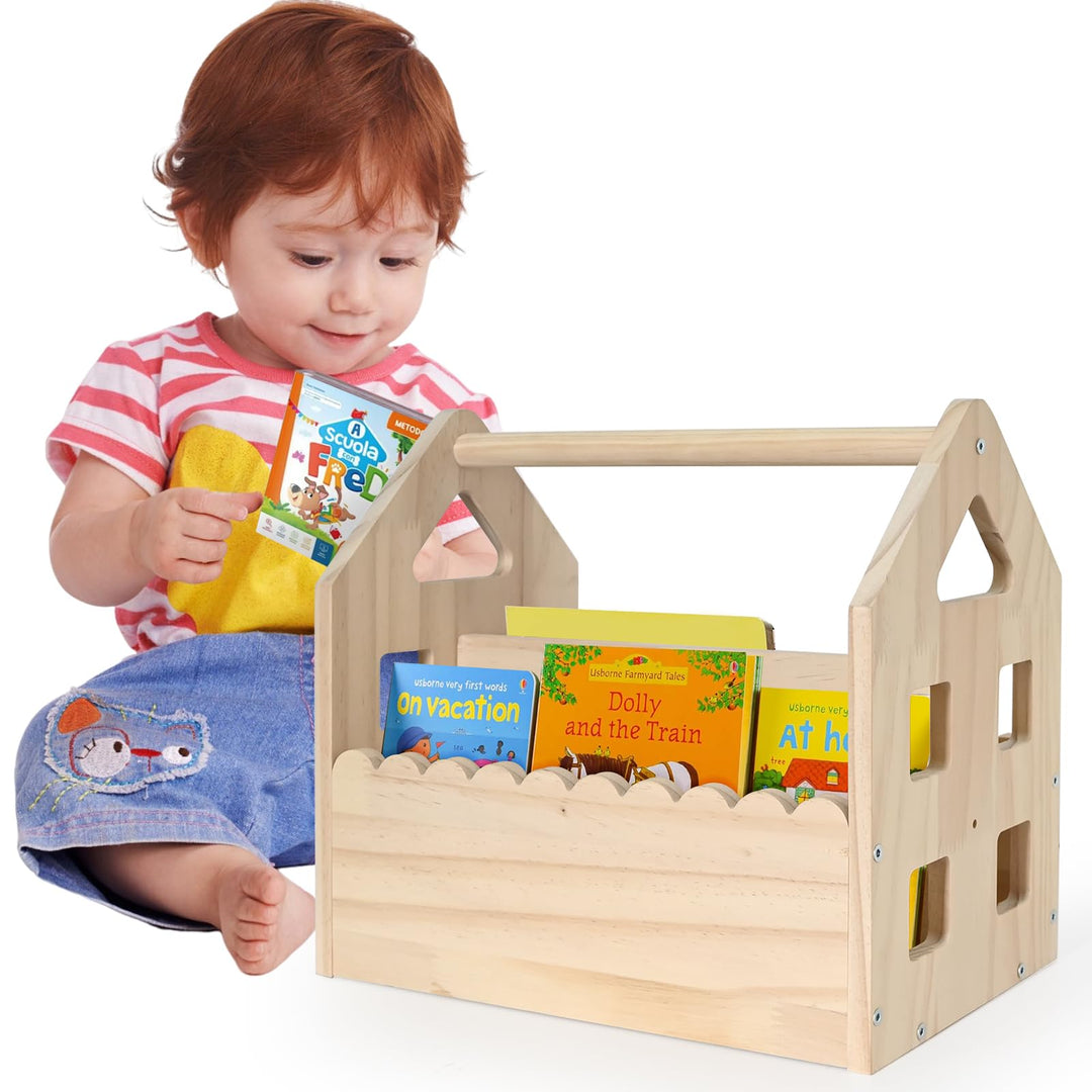 BüCherregal Kinder Kieferholz,NatüRliche Farbe Montessori BüCherregal Mit Griff 2 AblagefäChern,BüCh