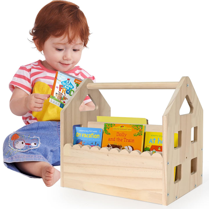 BüCherregal Kinder Kieferholz,NatüRliche Farbe Montessori BüCherregal Mit Griff 2 AblagefäChern,BüCh