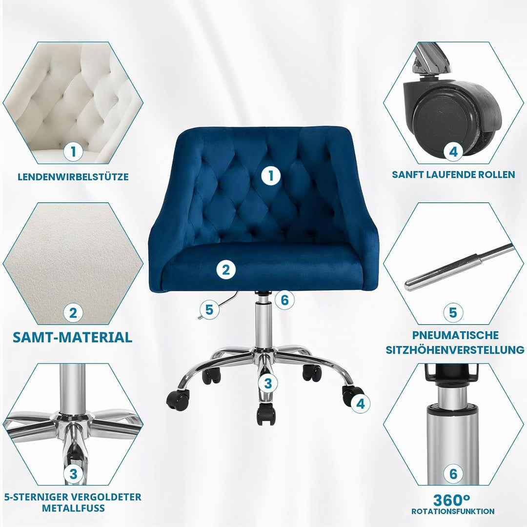 Homeoffice Bürostuhl aus Samt, ergonomischer Schreibtischstuhl höhenverstellbar, Drehstuhl mit Rolle