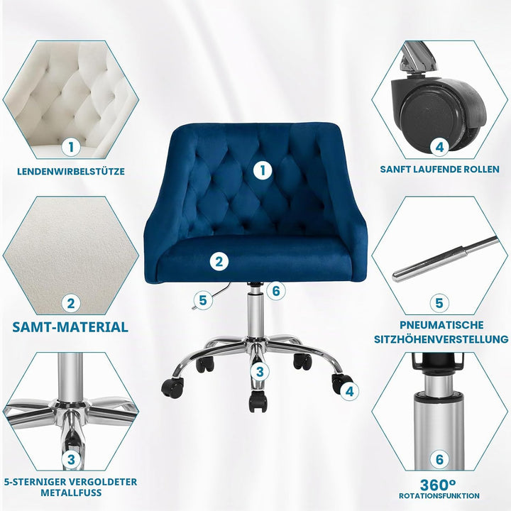 Homeoffice Bürostuhl aus Samt, ergonomischer Schreibtischstuhl höhenverstellbar, Drehstuhl mit Rolle
