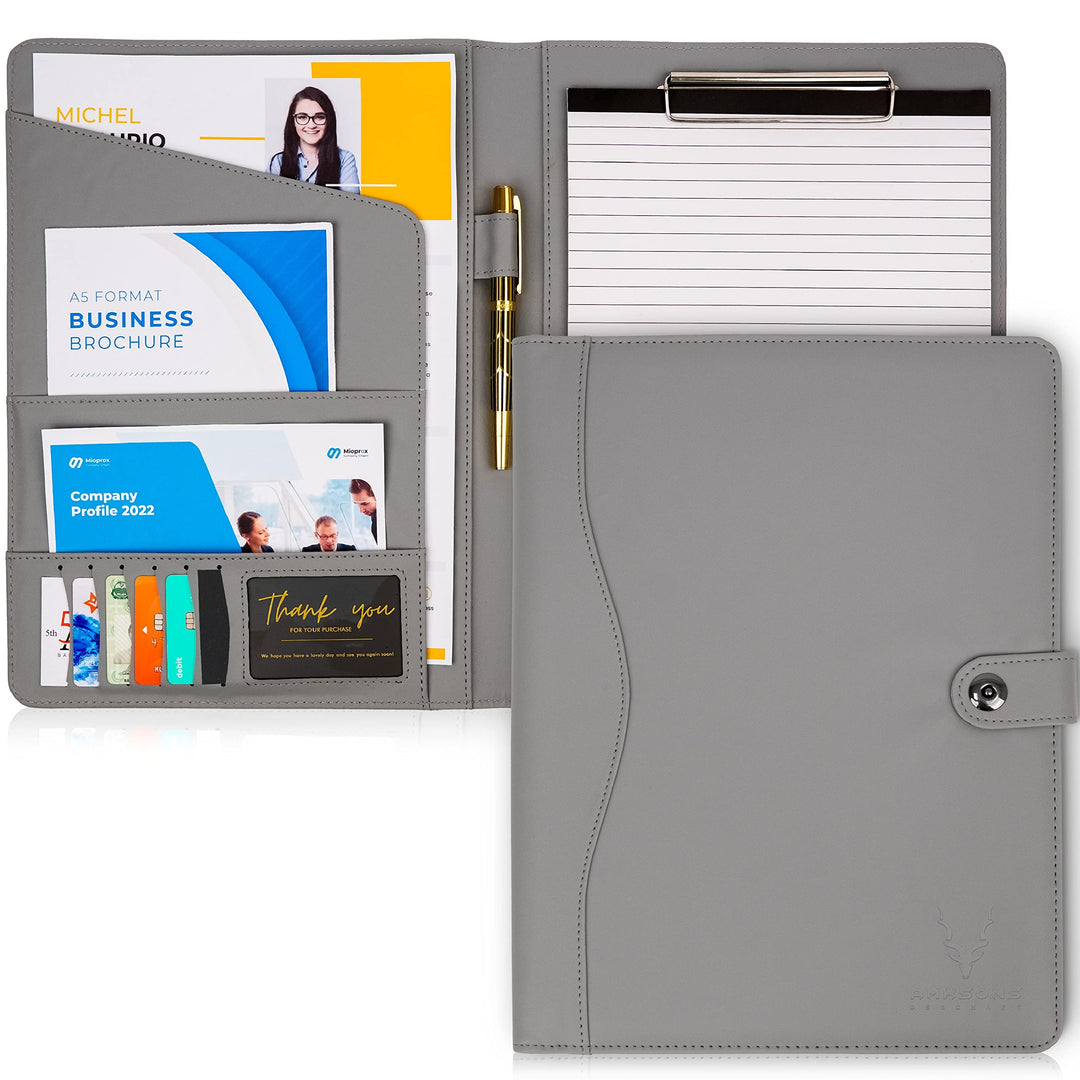 AMKSONS Schreibmappe A4 in Grau inklusive Klemmbrett & DIN A4 Notizblock - Premium Konferenzmappe au