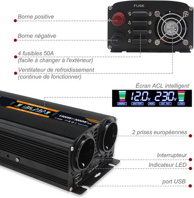 Spannungswandler 12V 230V 1500W 3000 Watt Wechselrichter LCD | stromumwandler mit 2 Steckdose