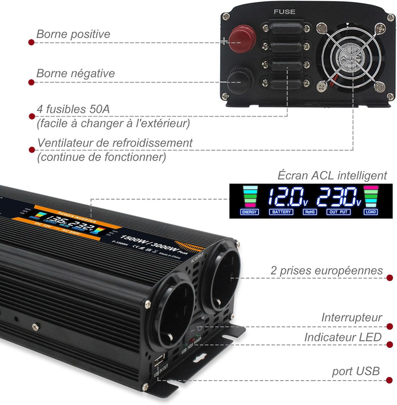Spannungswandler 12V 230V 1500W 3000 Watt Wechselrichter LCD | stromumwandler mit 2 Steckdose