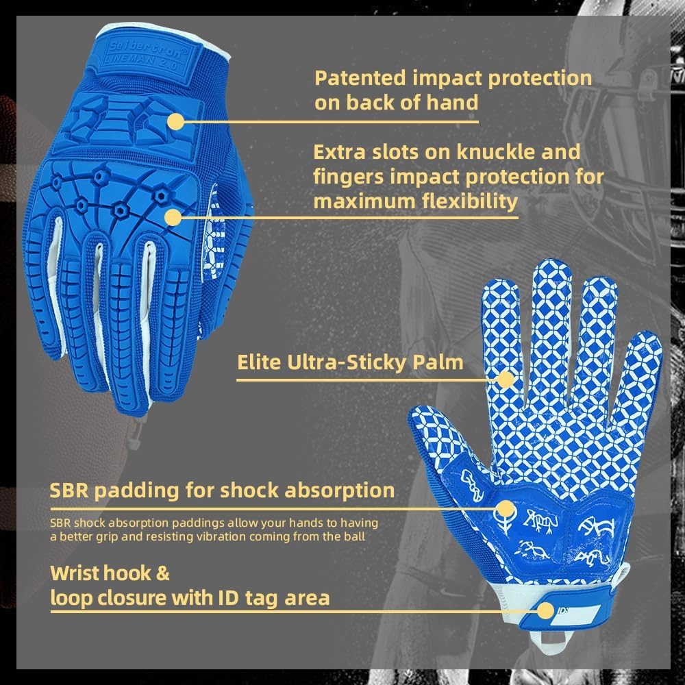 Seibertron Lineman 2.0 Padded Palm Football Receiver Gloves, Flexible TPR Impact Protection Back of