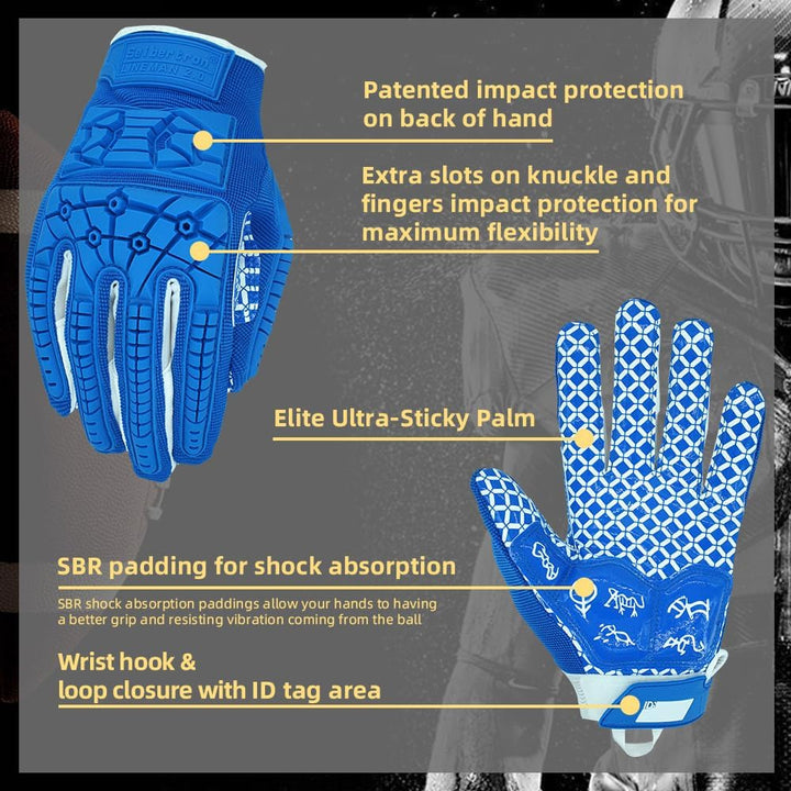 Seibertron Lineman 2.0 Padded Palm Football Receiver Gloves, Flexible TPR Impact Protection Back of