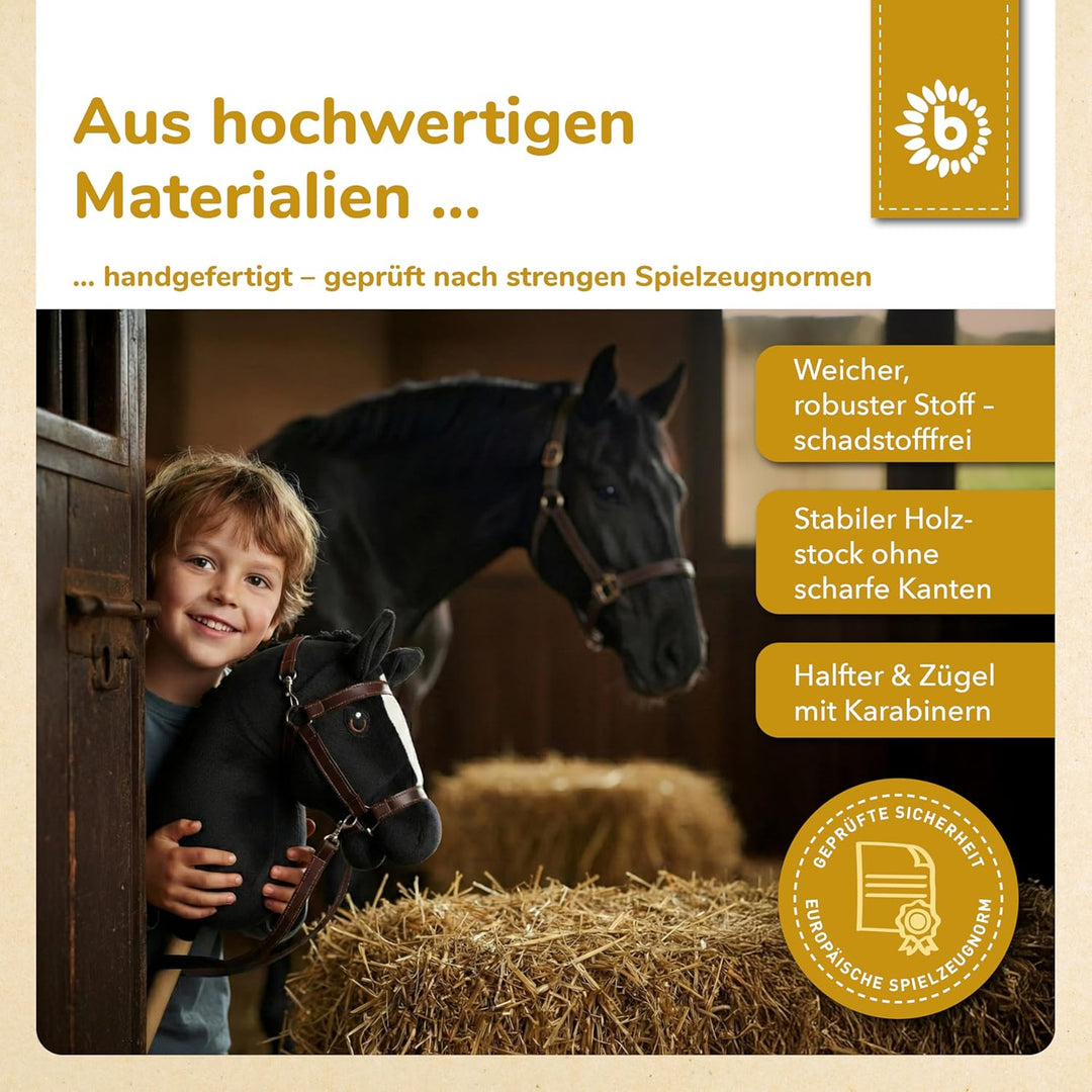 Bieco Hobby Horse Steckenpferd Rappe - Grösse S, mit Trense | Abnehmbarer Stock & Schweif, für Sprin