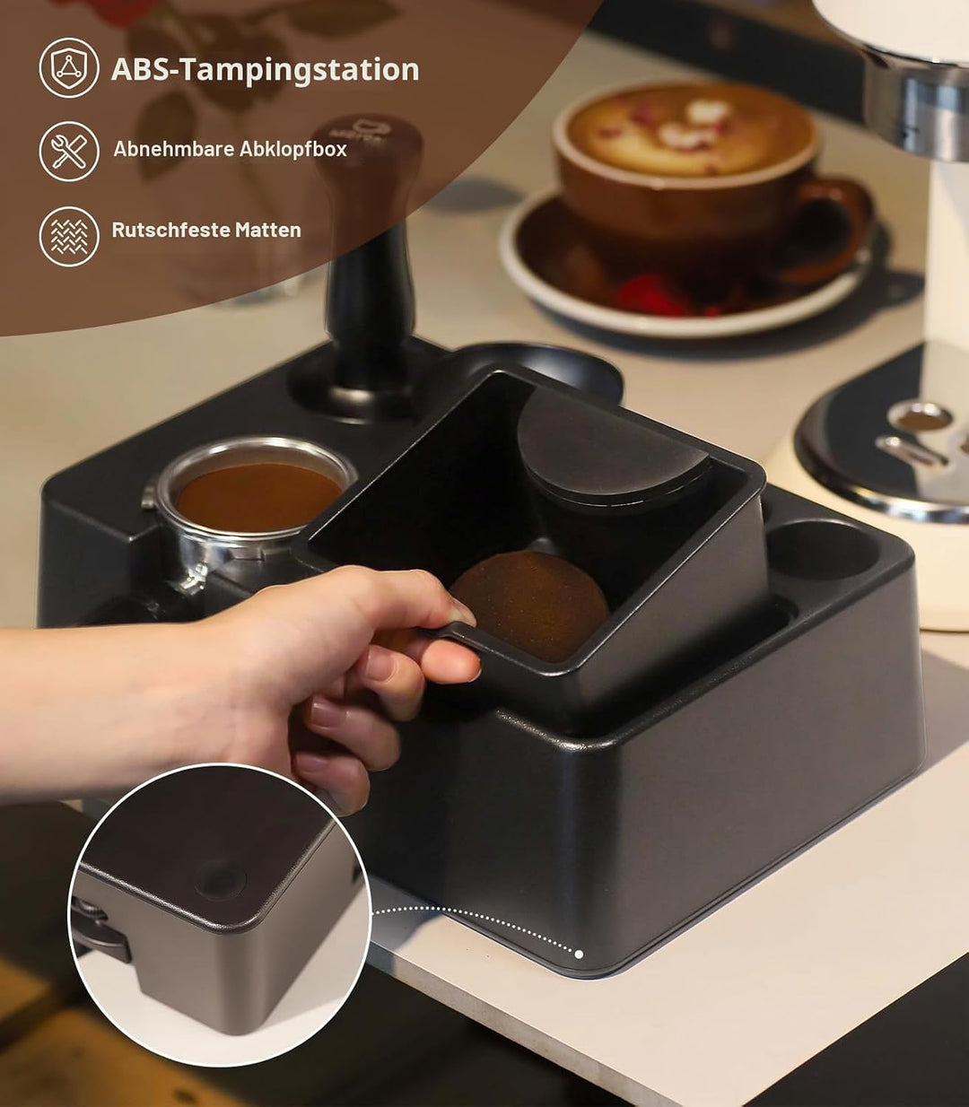 MEION Espresso-Tampingstation, abnehmbare Espresso-Klopfbox und Tamp-Station, 10-in-1-Espresso-Organ