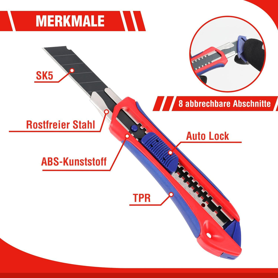 WORKPRO 5 Stück Cuttermesser Set 18mm mit 20 Ersatzklingen aus SK5, Profi Cuttermesser Abbrechklinge