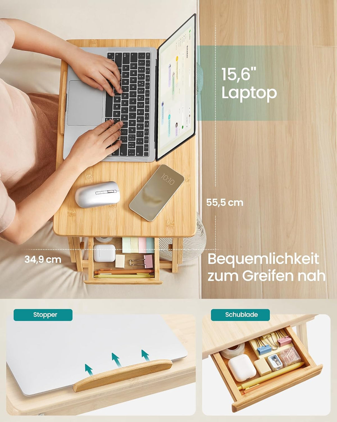 SONGMICS Höhenverstellbarer Laptoptisch mit Schublade, klappbarer Notebooktisch aus Bambus, Betttisc