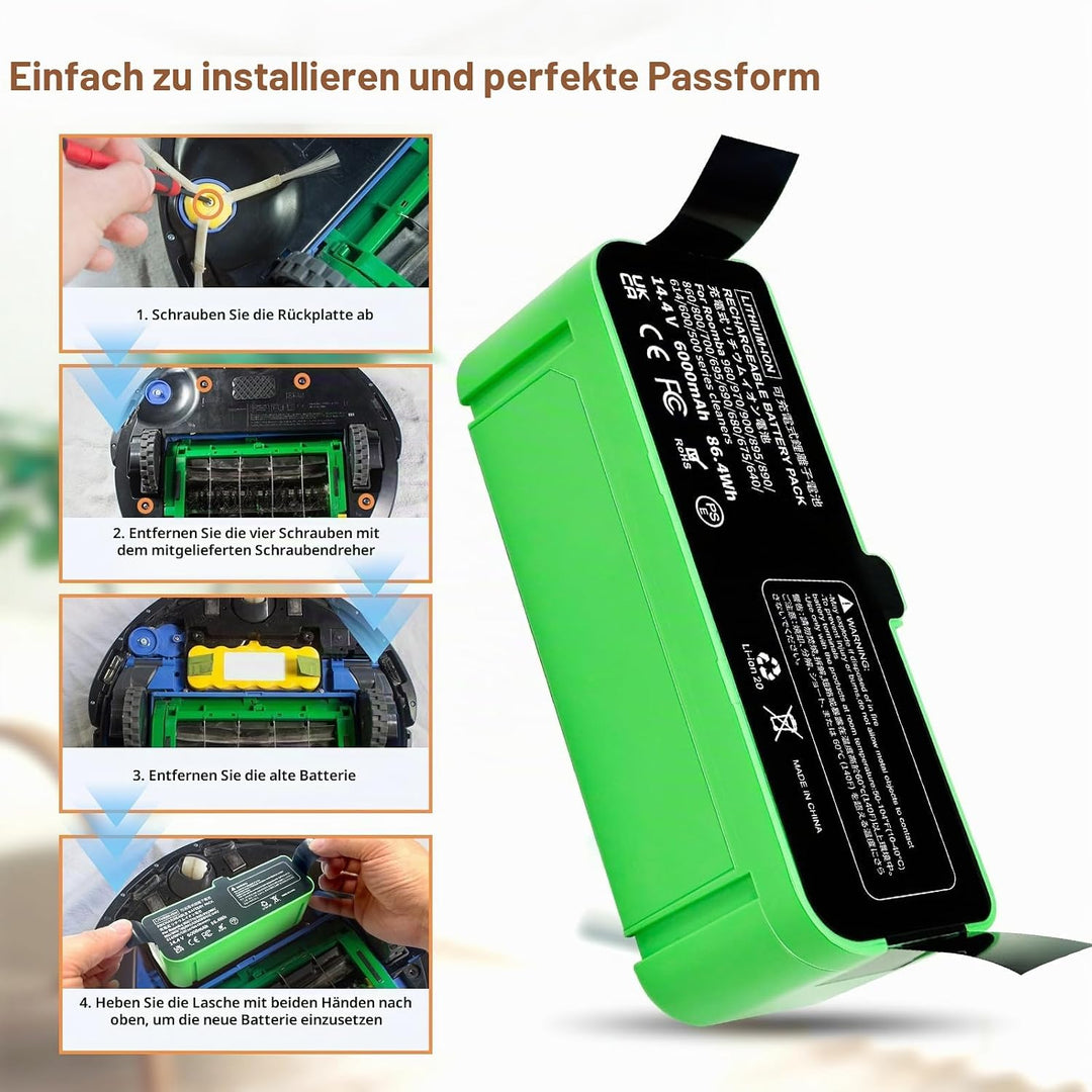6000mAh Ersatzakku Kompatibel für iRobot Roomba 500 600 600 700 800 900 Serie für Roomba 960 981 970